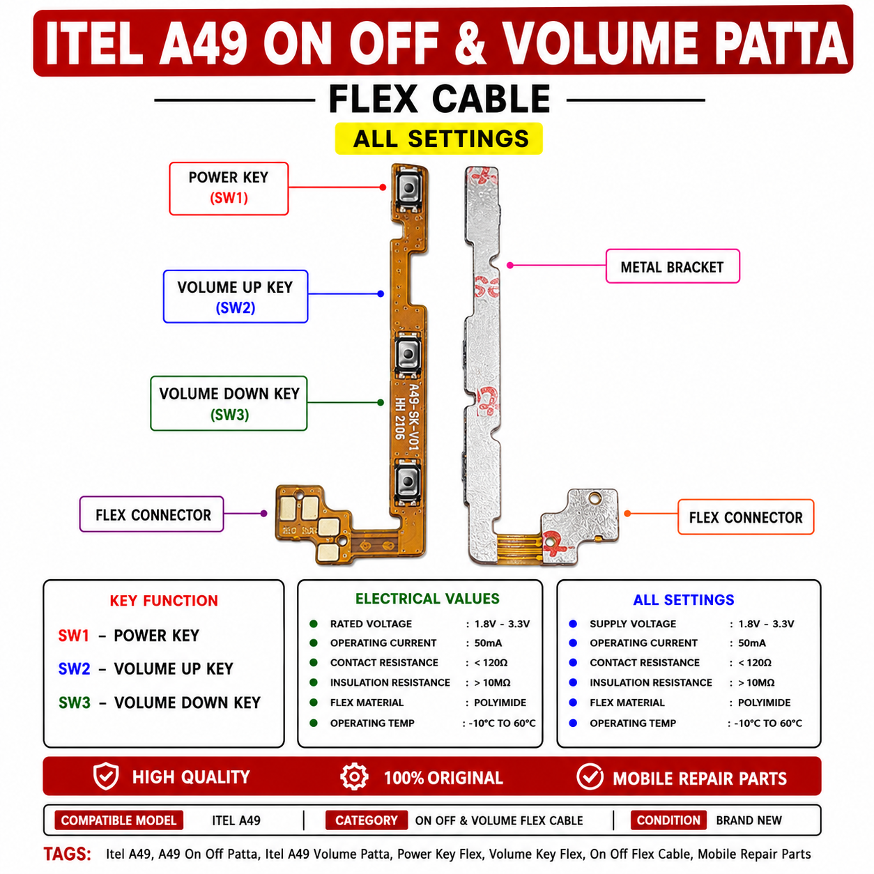 itel A49 On Off Volume Key Flex Cable